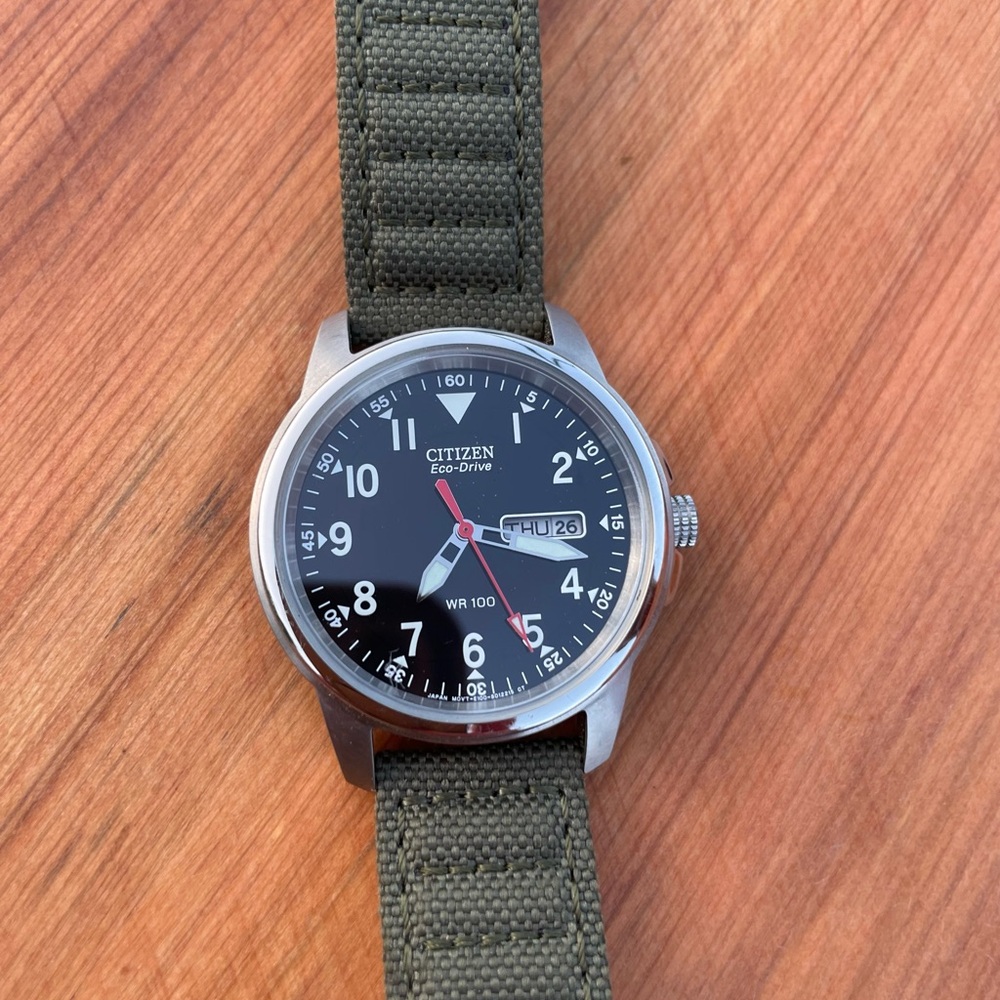 Men’s Citizen Eco-Drive Black Dial Watch with Olive Green Strap